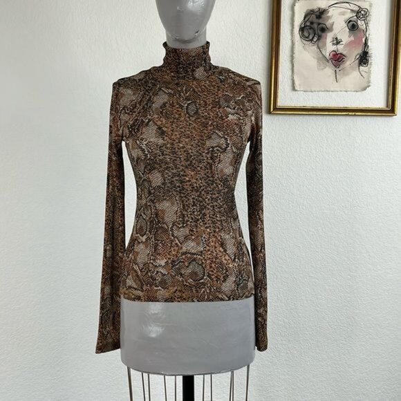 Nanushka Snake Python Serpent Madi Mock Neck Sheer Brown and Black Top - Picture 2 of 11